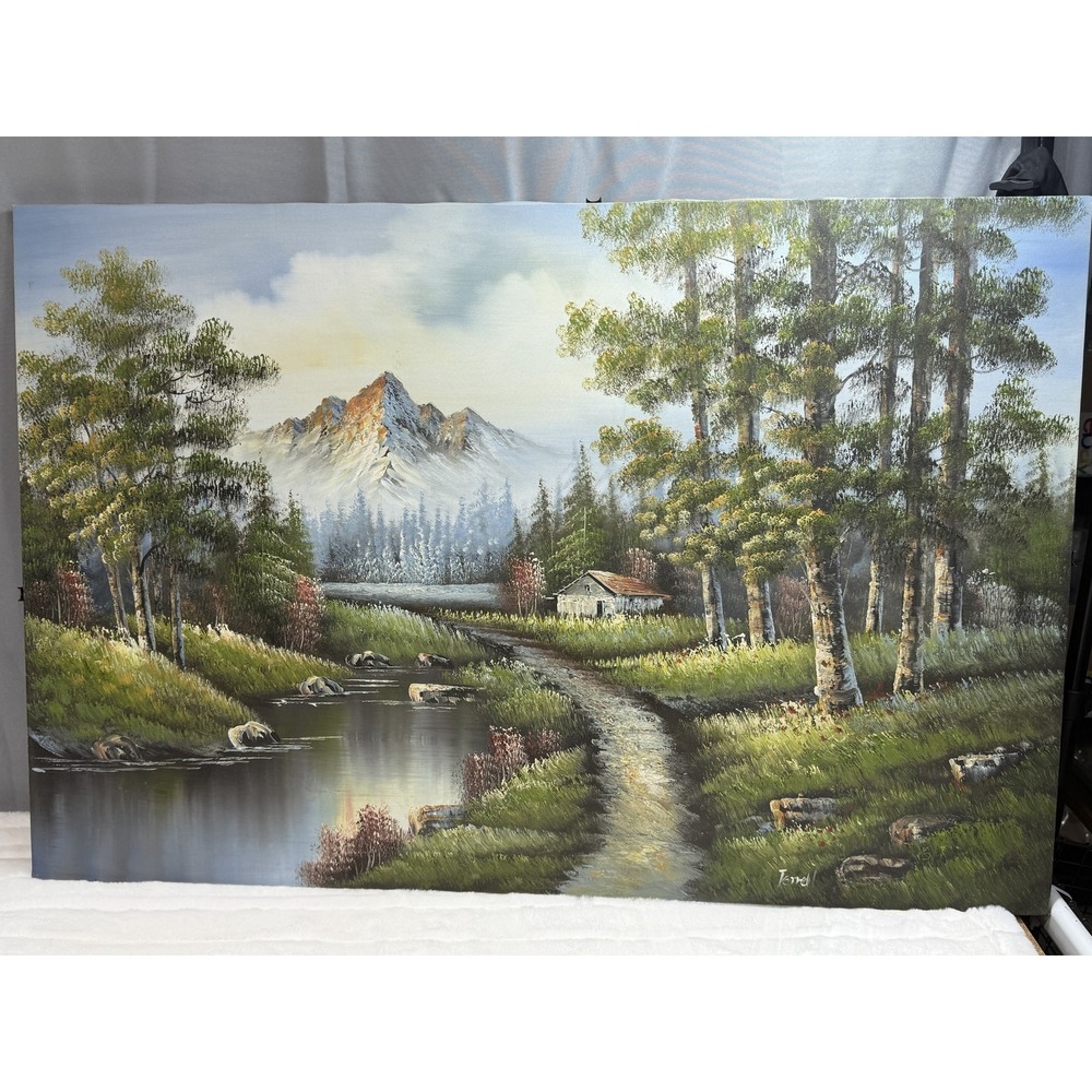 Vintage Terrel Mountain Landscape Oil Painting Trees Cabin River Signed Large